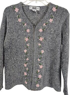 Granny Core Cottage Cabin Fall Winter Gray Knit Pink Floral Cardigan Sweater M‎